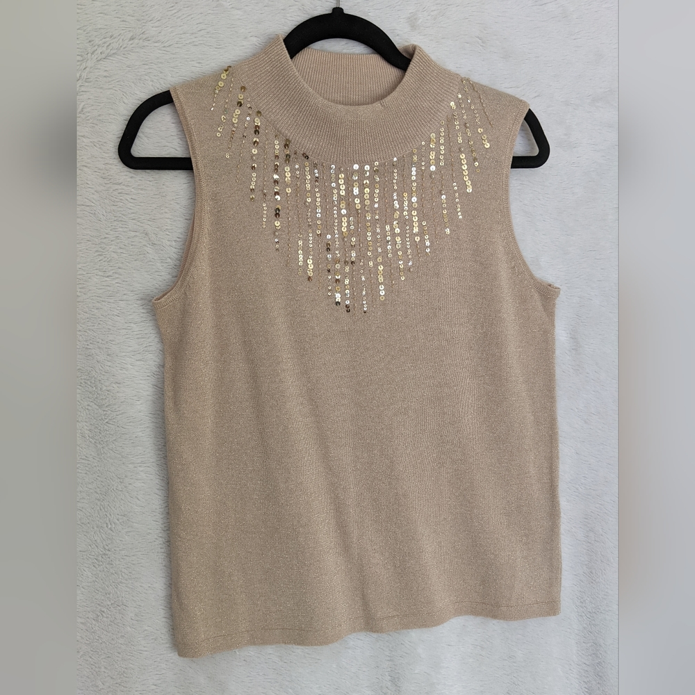 TanJay Size M Sleeveless Glitter Top, Knit Fabric, Beige with Sequin Details